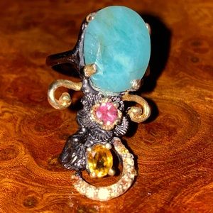 Intriguing Genuine Raw Emerald Citrine Pink Topaz Ring